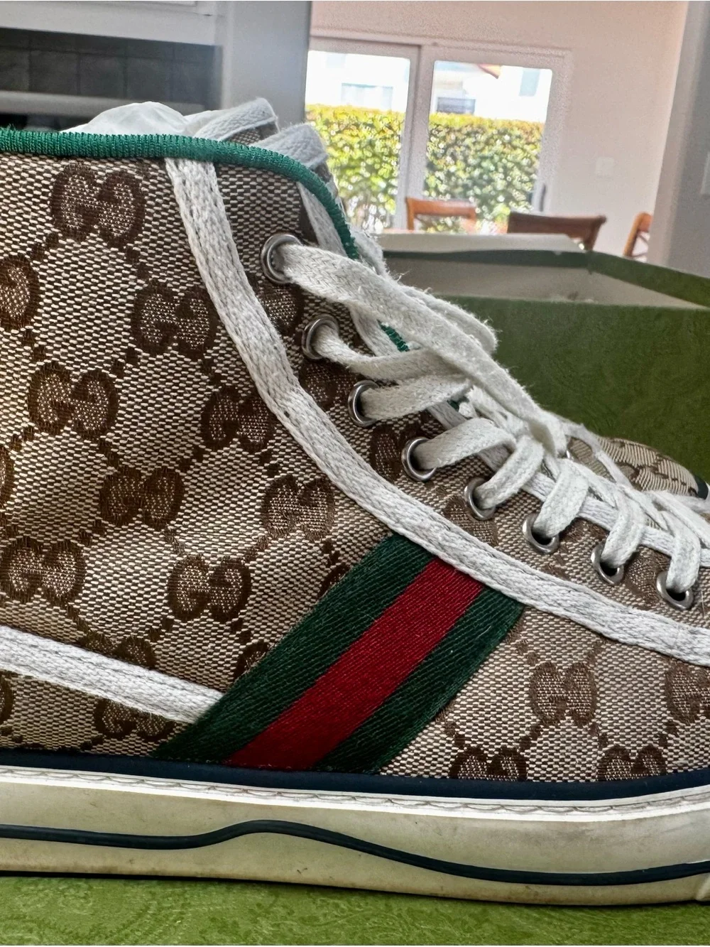 Gucci Beige GG Canvas High-Top Sneakers with Green and Red Web
